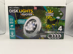 Box front showing Bell+Howell Disk Lights Pivoter solar powered LED lights 4 pack