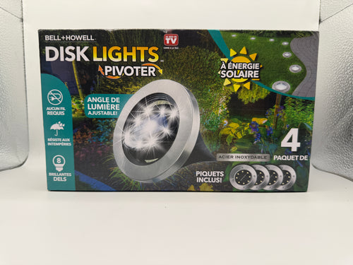 Box front showing Bell+Howell Disk Lights Pivoter solar powered LED lights 4 pack
