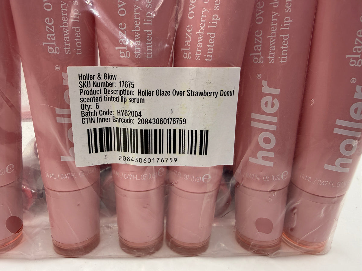 Close-up of Holler Glaze Over Strawberry Donut tinted lip serum packaging label