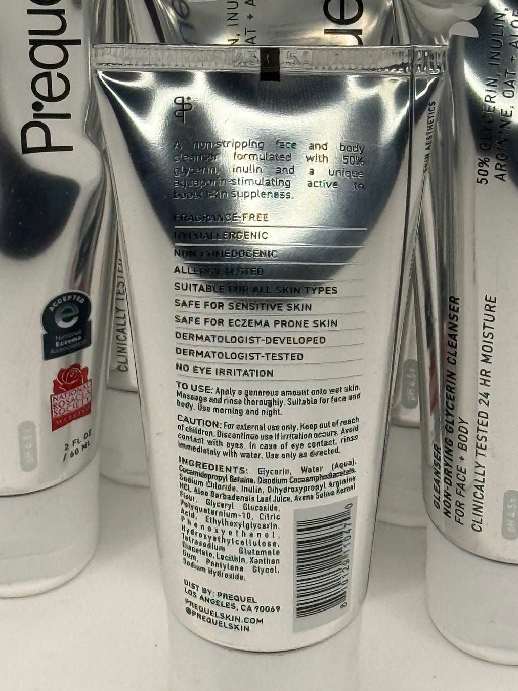 Prequel Non-Drying Glycerin Cleanser 2 oz tube back with ingredients