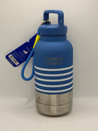Hooray House blue striped insulated dog water bottle with tag attached