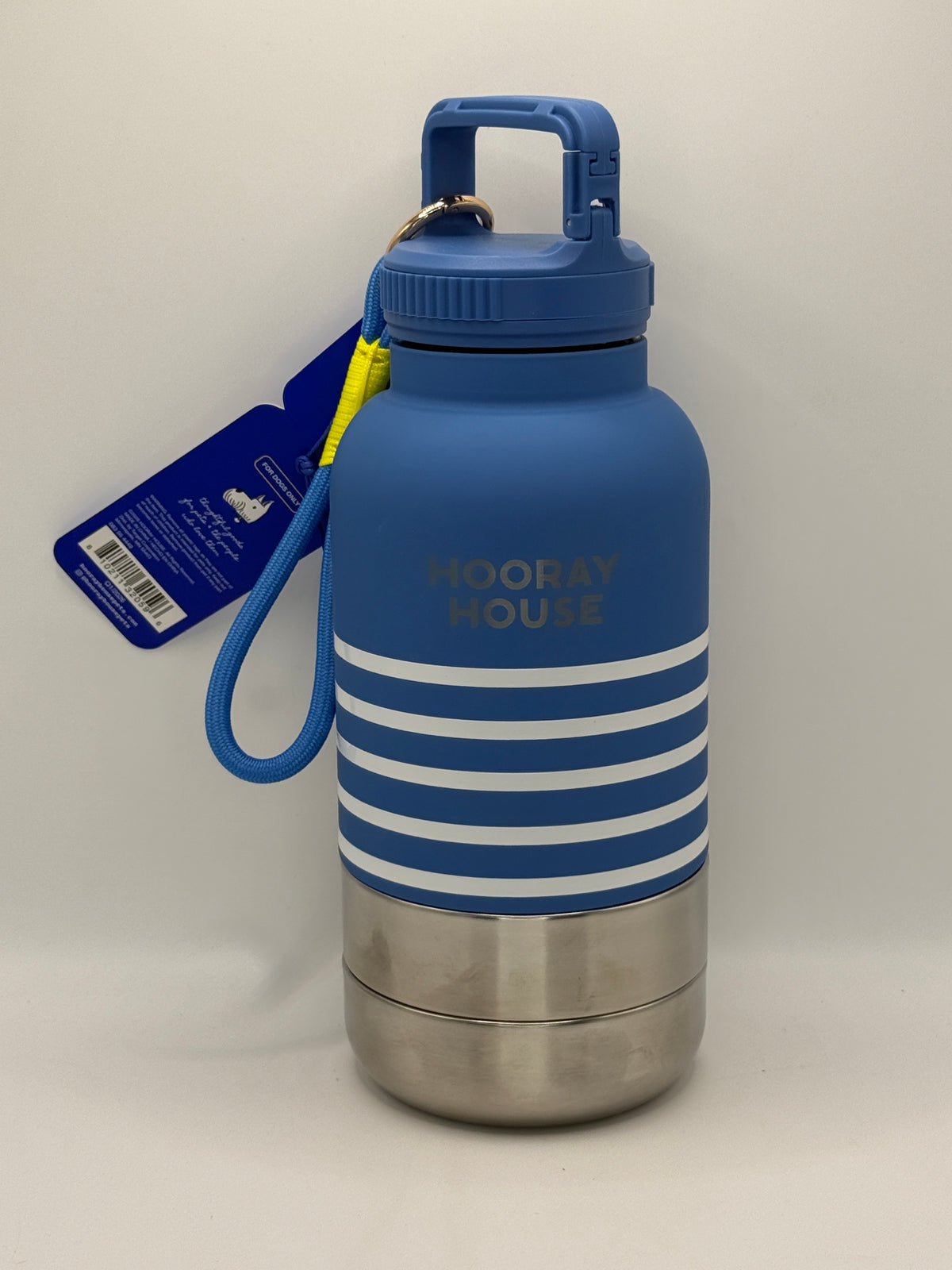 Hooray House blue striped insulated dog water bottle with tag attached