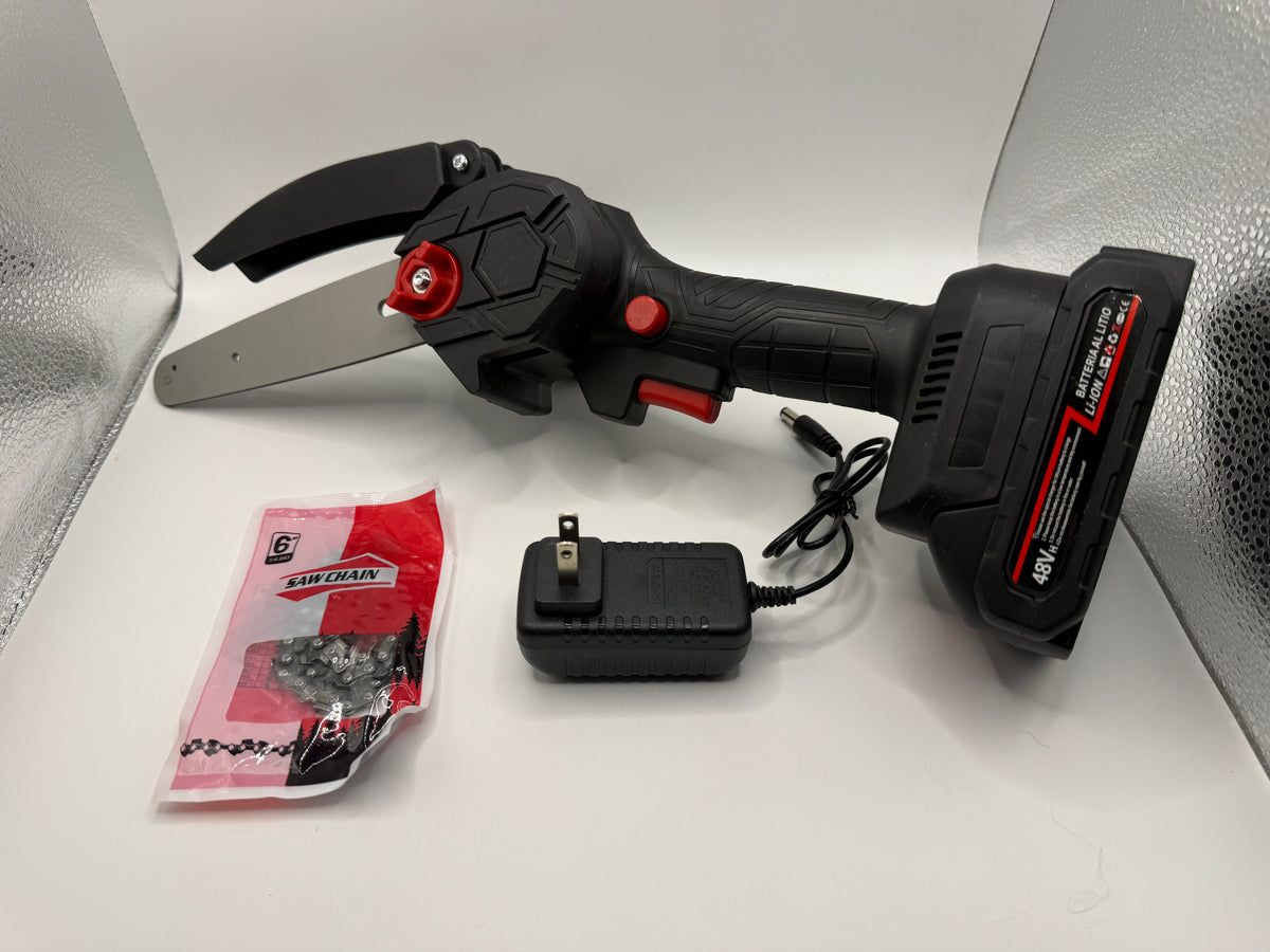 21V cordless 6-inch mini chainsaw with battery attached