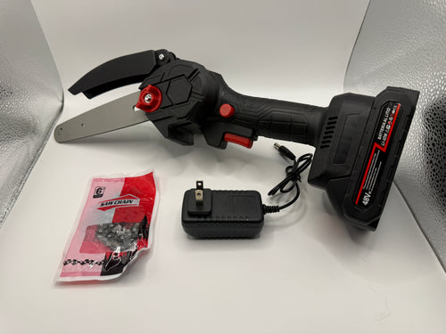 21V cordless 6-inch mini chainsaw with battery attached