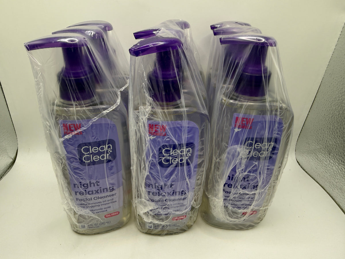 Clean & Clear Night Relaxing Facial Cleanser 8oz pump bottles in shrink wrap pack of 6