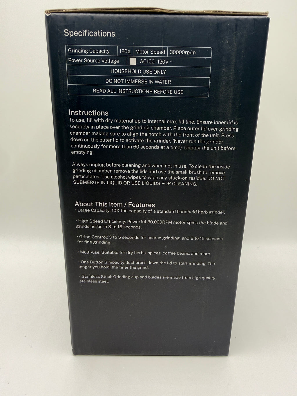 Groove Ripster grinder specifications and instructions on box side
