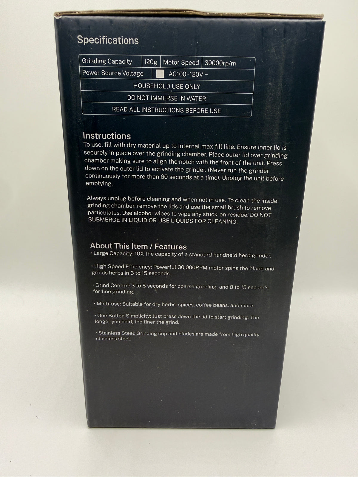 Groove Ripster grinder specifications and instructions on box side