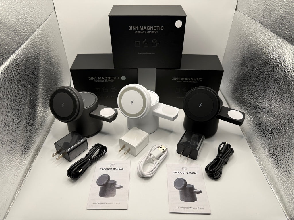 3 in 1 magnetic wireless charger with power adapters and manuals
