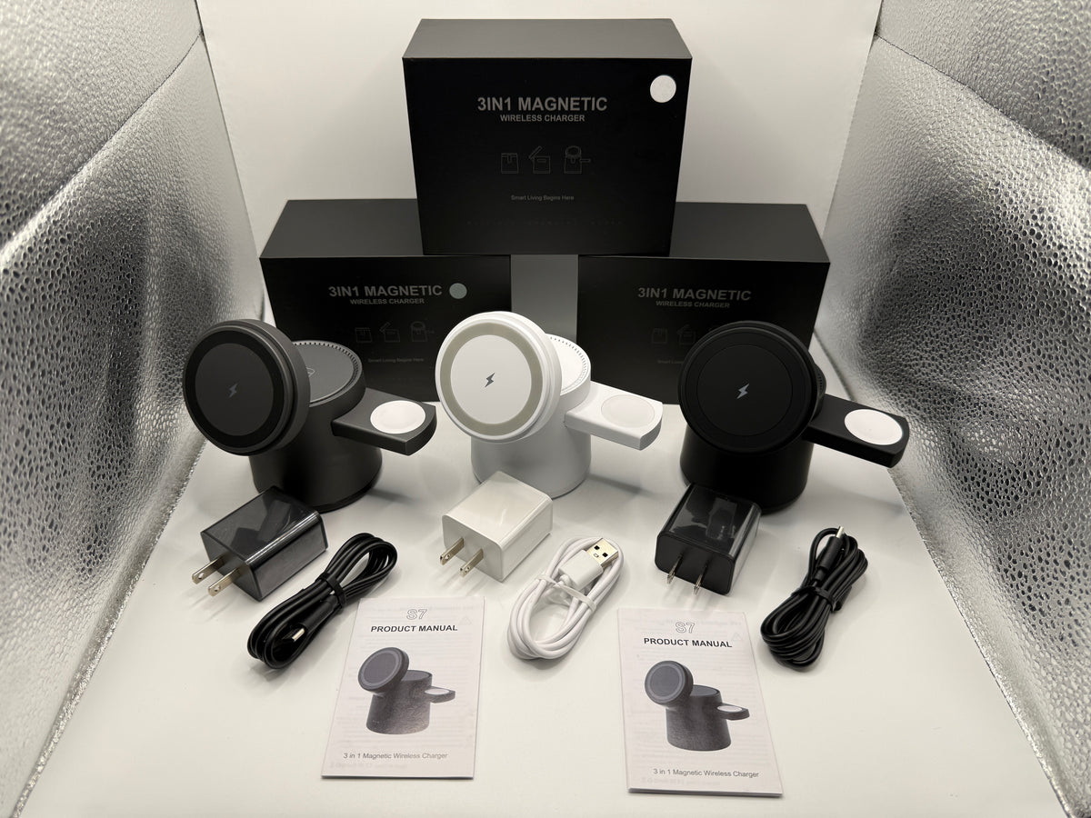 3 in 1 magnetic wireless charger with power adapters and manuals
