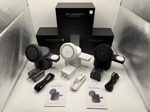 3 in 1 magnetic wireless charger with power adapters and manuals