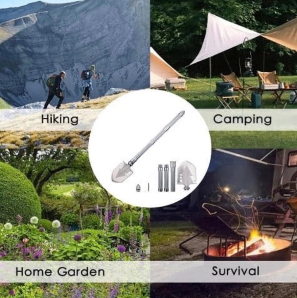 Multi-use folding shovel with accessories for hiking and camping