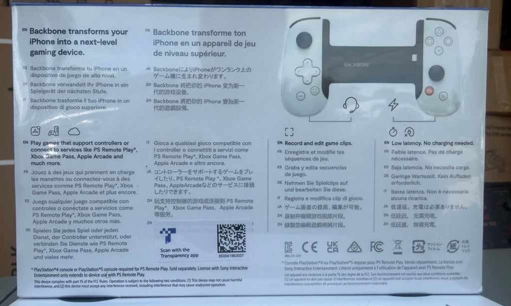 Backbone PlayStation Edition Controller for iPhone back packaging showing features