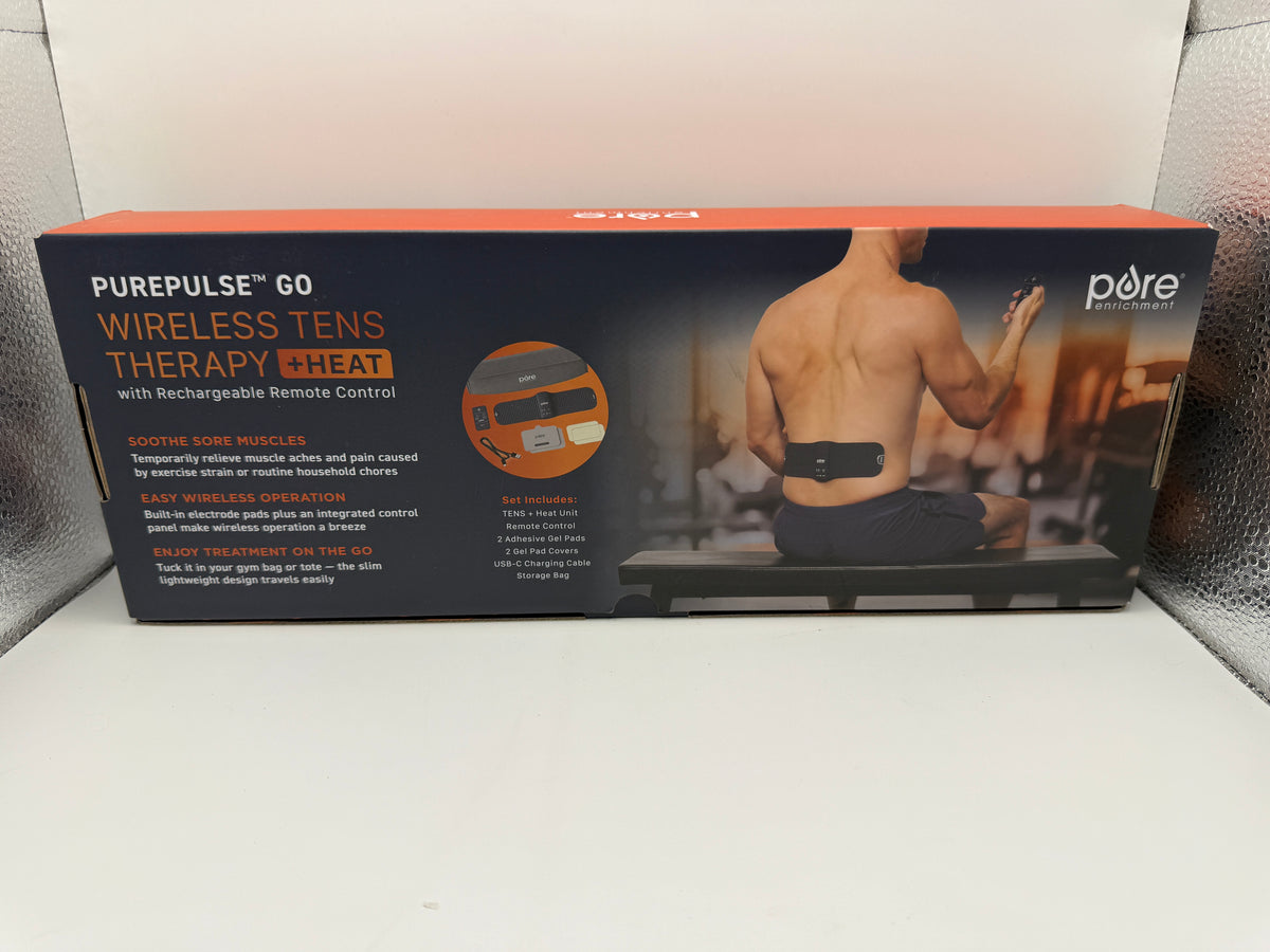 PurePulse Go TENS Therapy packaging back showing features and contents