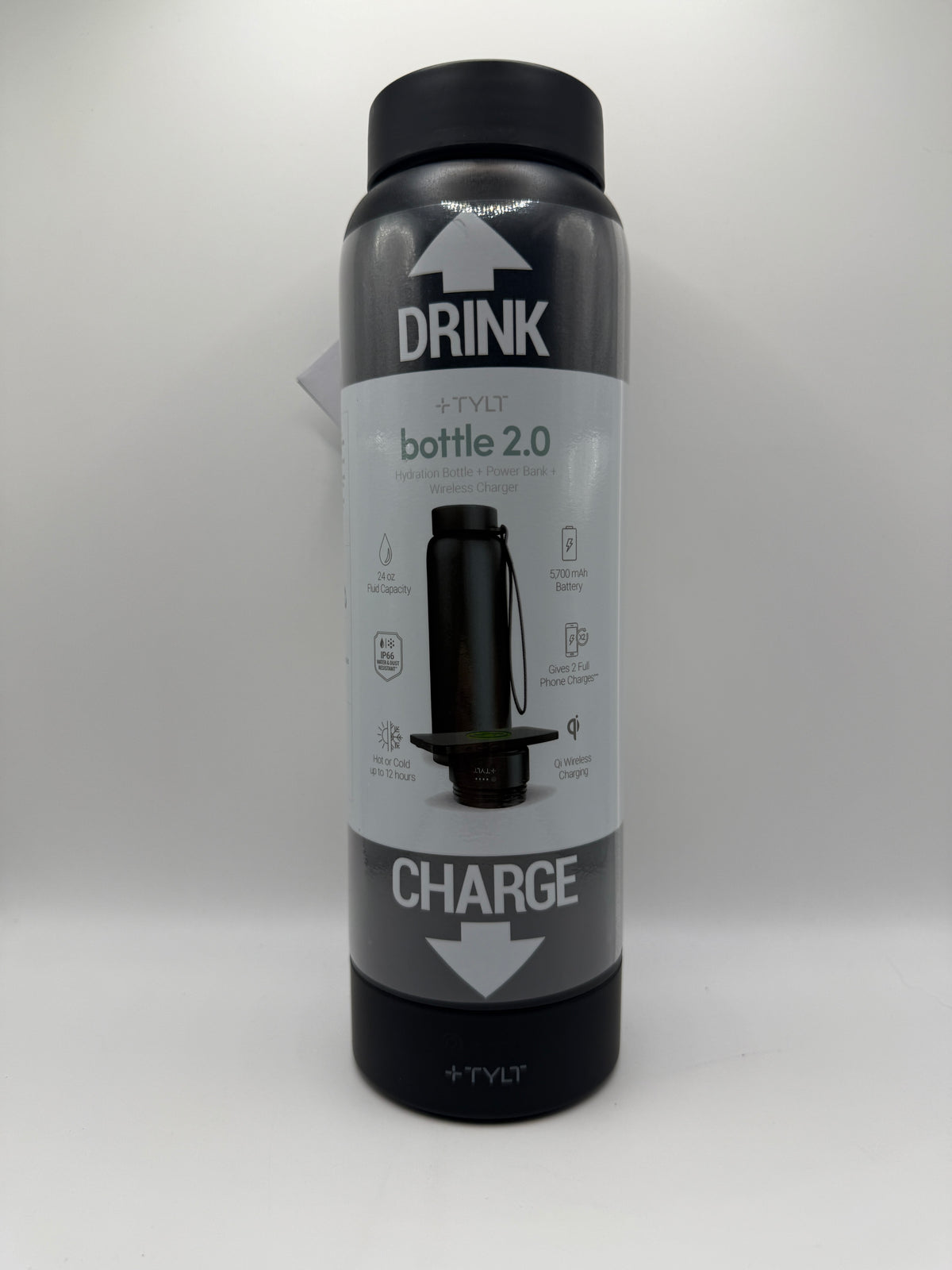 Front view of TYLT Bottle 2.0 with hydration and power bank features