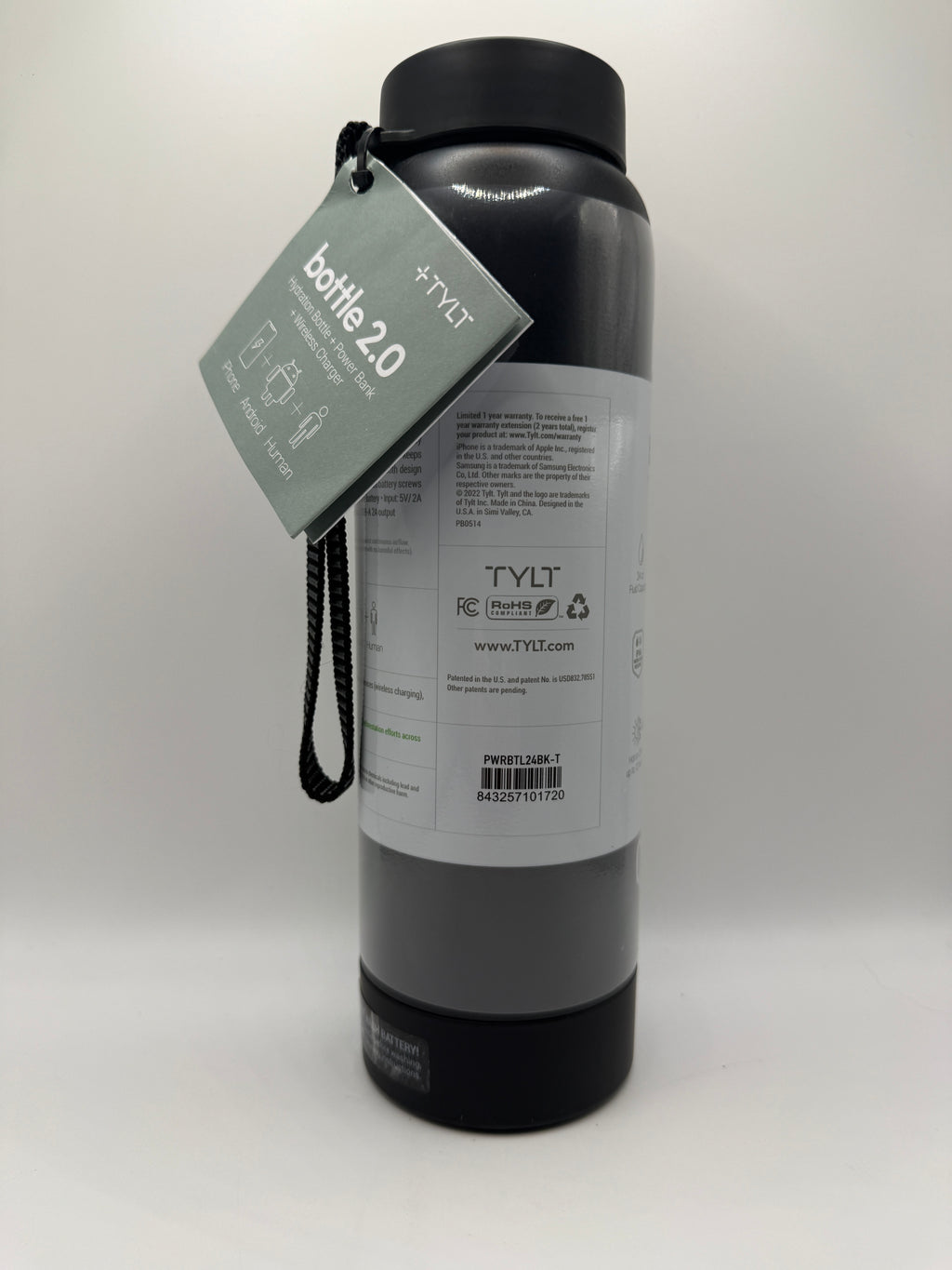 Back view showing TYLT Bottle 2.0 specifications and barcode