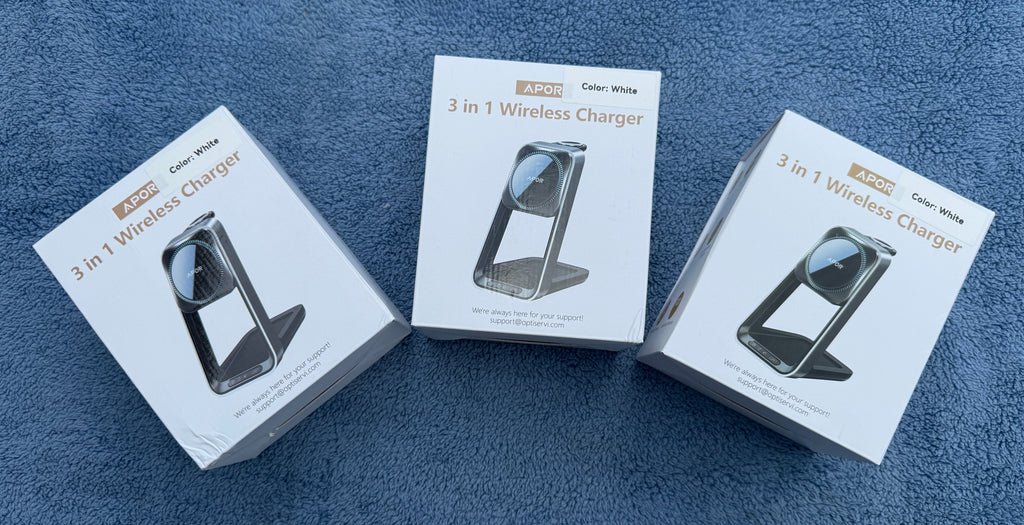 APOR 3 in 1 Wireless Charger in white boxed packaging