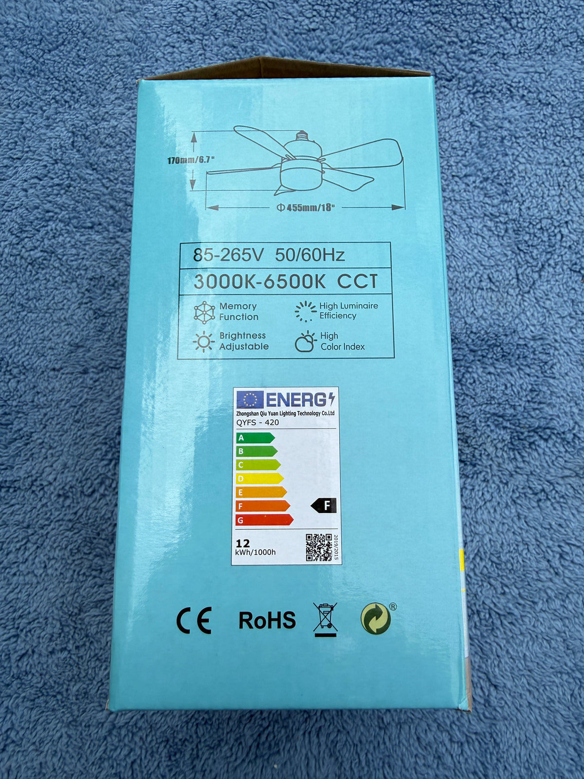 Energy efficiency and voltage details for ceiling fan light