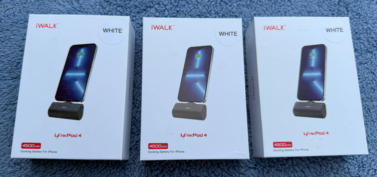 iWalk LinkPod 4 box front showing 4500mAh docking battery for iPhone in white - image 1