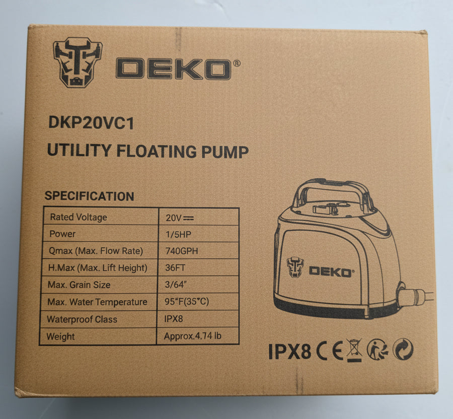 DEKO DKP20VC1 Utility Floating Pump box specifications