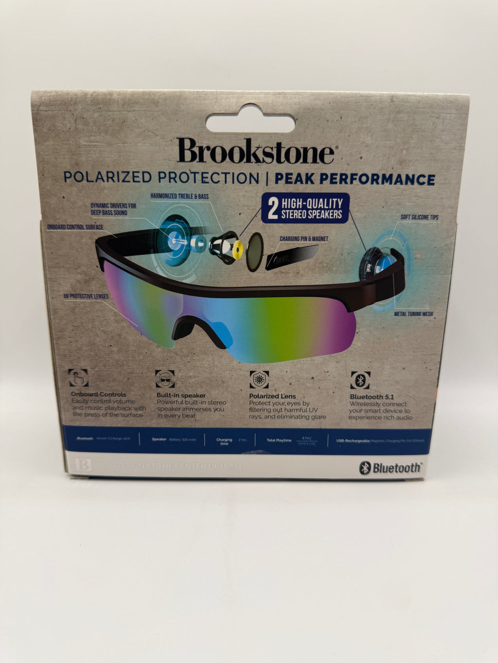Back view of packaging showing features and specifications of Brookstone Wireless Sport Sunglasses