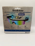 Back view of packaging showing features and specifications of Brookstone Wireless Sport Sunglasses