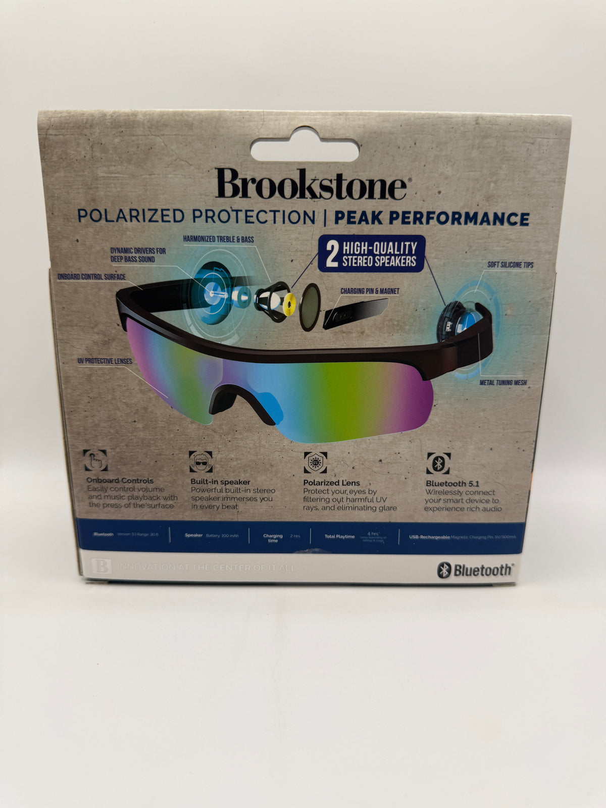 Back view of packaging showing features and specifications of Brookstone Wireless Sport Sunglasses