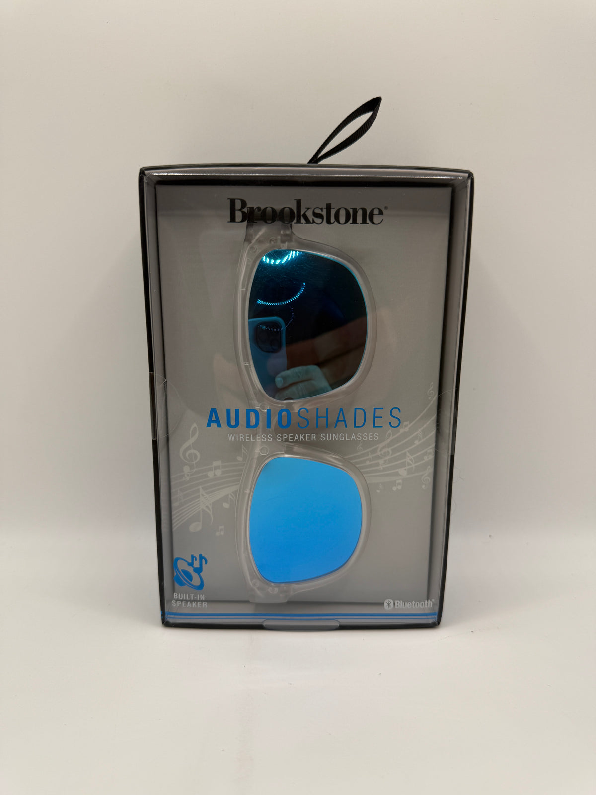 Brookstone AudioShades Wireless Speaker Sunglasses Blue Mirror lenses front view
