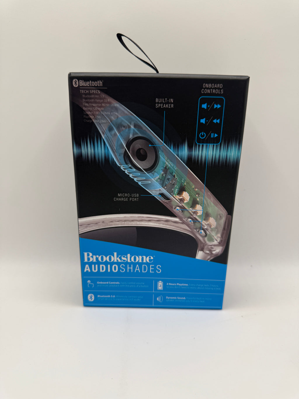 Brookstone AudioShades Wireless Speaker Sunglasses showing built-in speaker and controls diagram