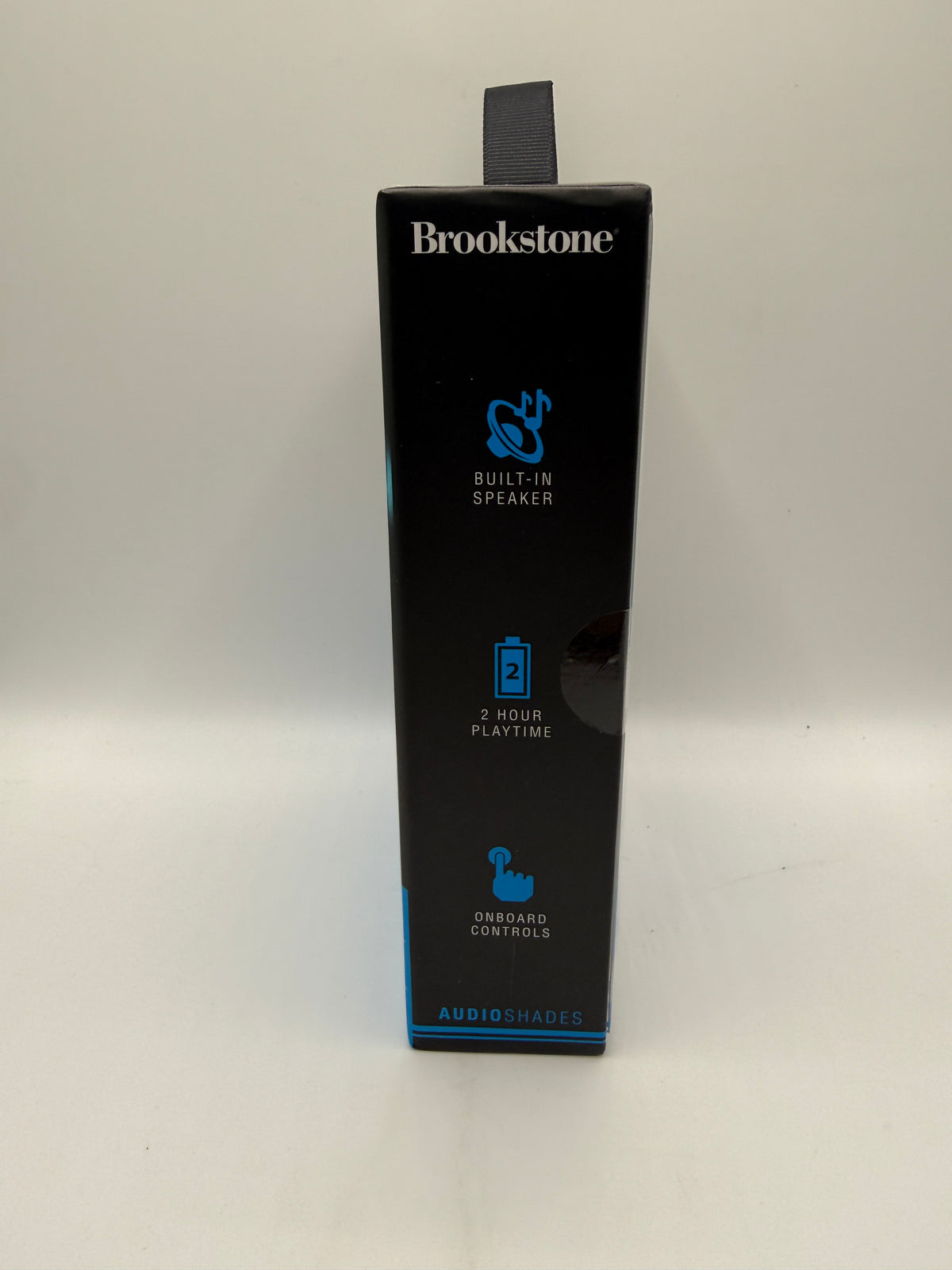 Brookstone AudioShades Wireless Speaker Sunglasses side packaging with features