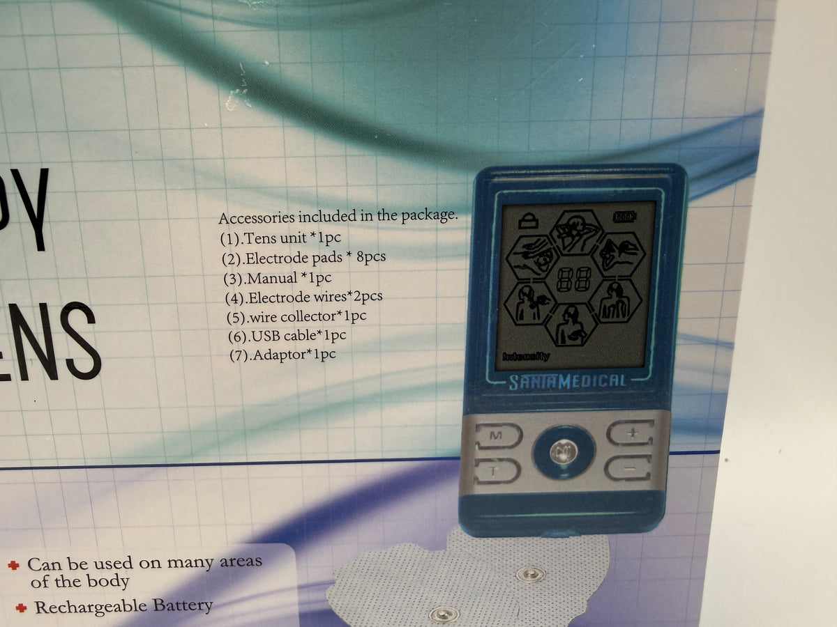 Opened box showing TENS unit and accessories inside