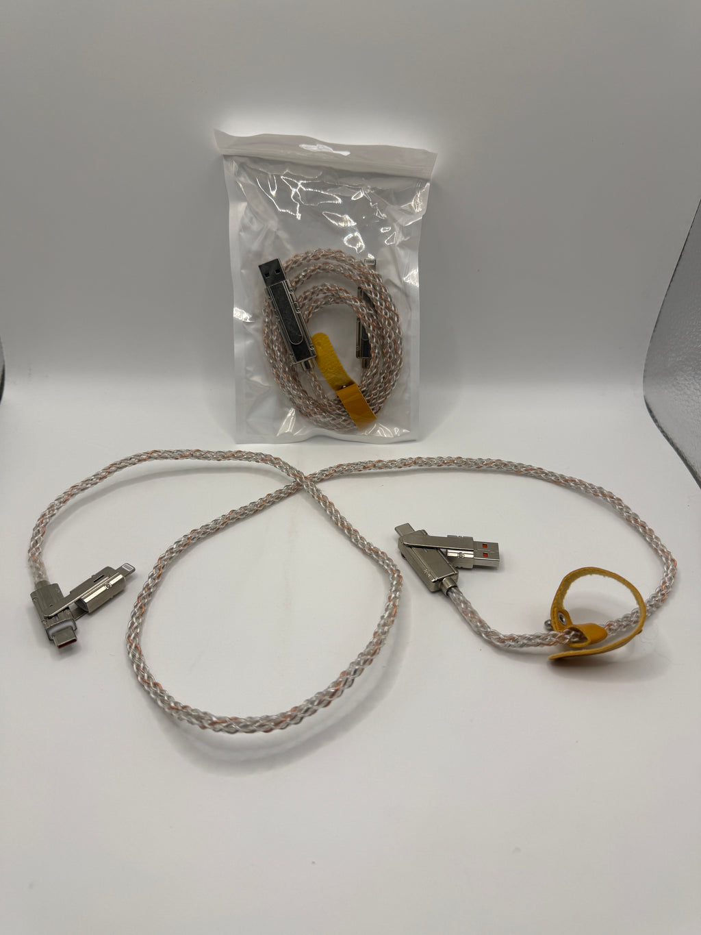 Packaged braided USB charging cable with metal connectors