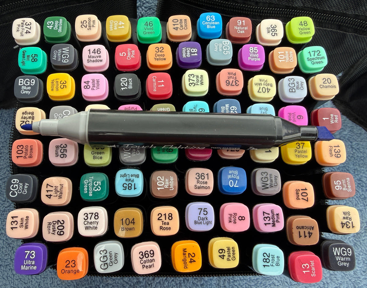 Top view of 80 count dual tip markers with visible color codes