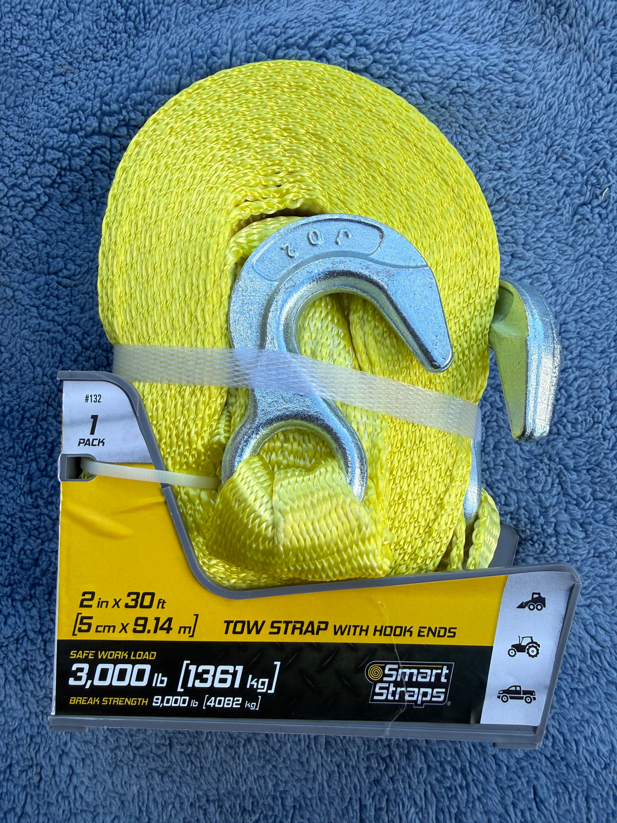 Smart Straps 2 inch x 30 feet tow strap with metal hook ends rolled up