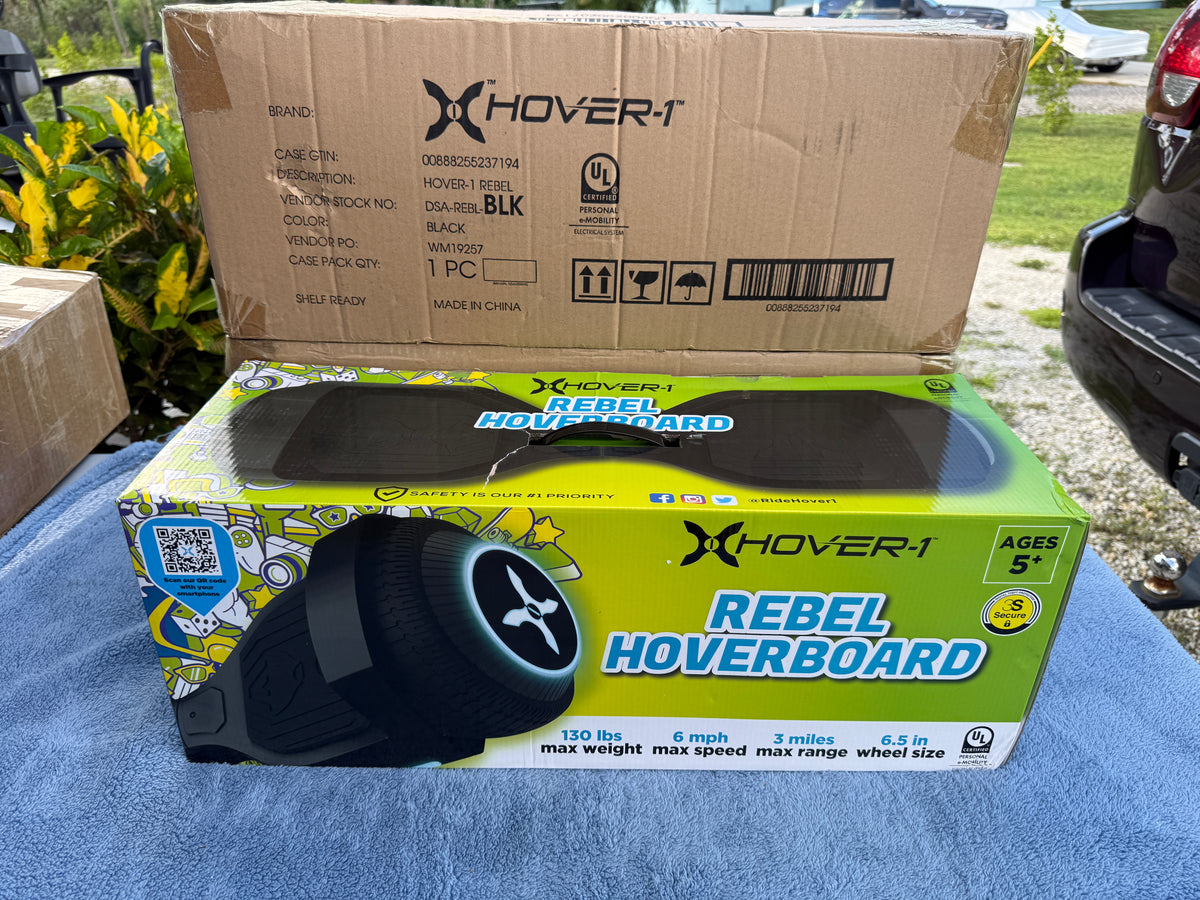 Hover-1 Rebel Electric Hoverboard packaging showing product image and specs