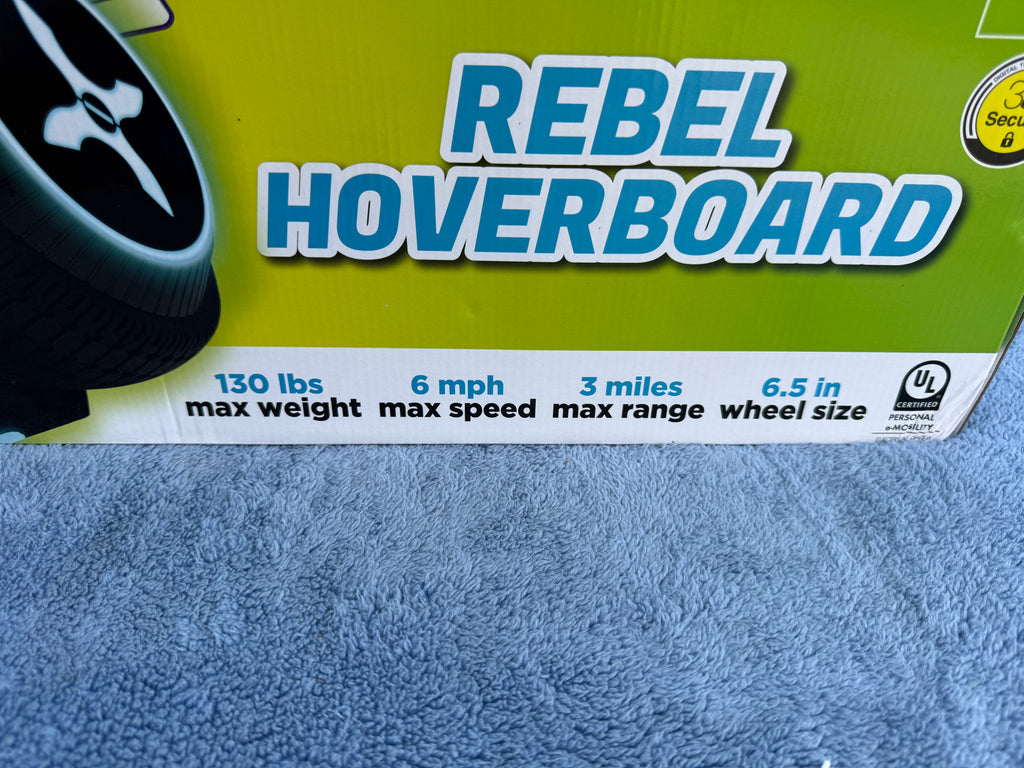 Close up of Hover-1 Rebel hoverboard max weight, speed, range, and wheel size