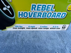 Close up of Hover-1 Rebel hoverboard max weight, speed, range, and wheel size