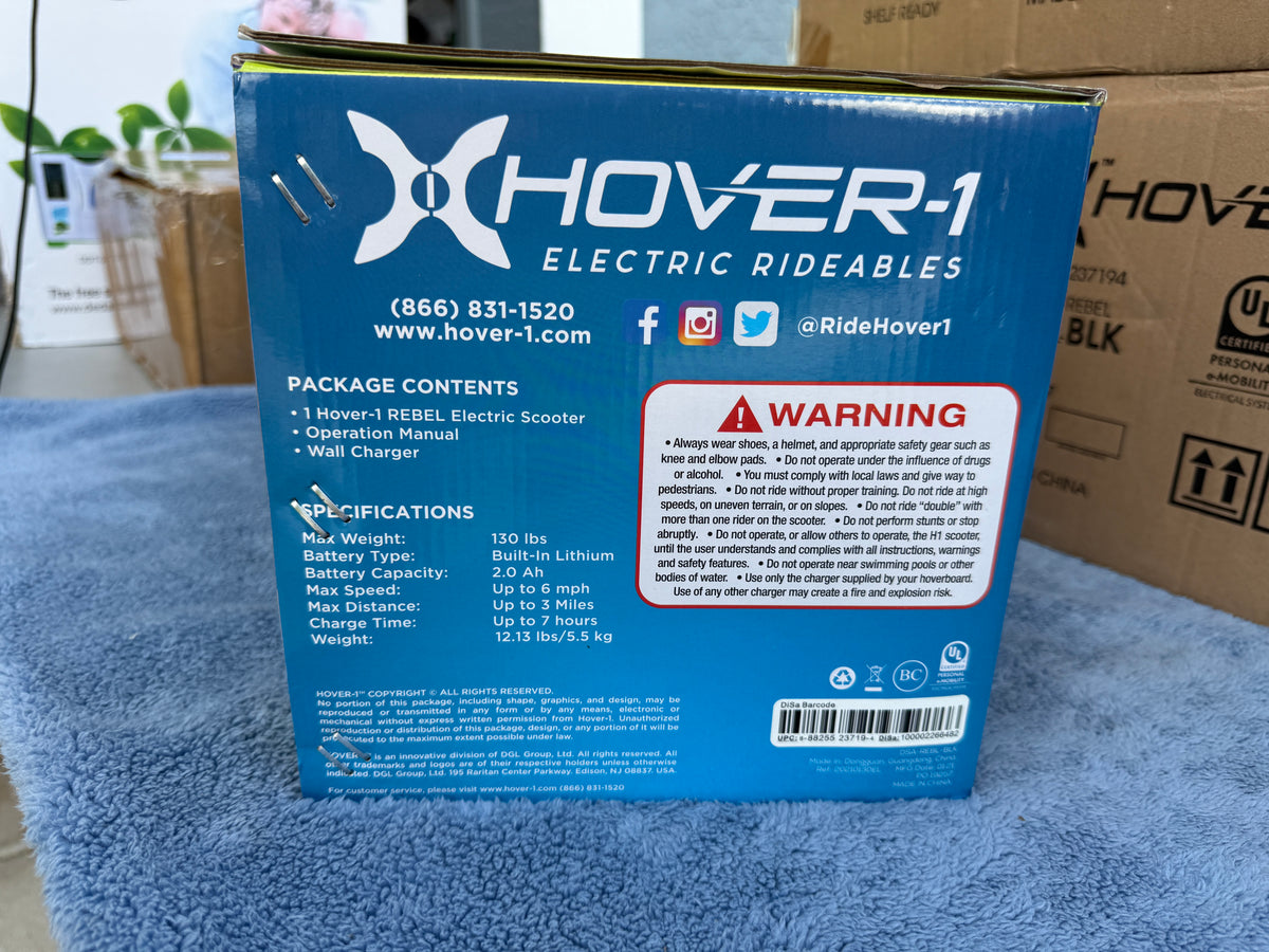 Hover-1 Rebel packaged box showing specifications and package contents