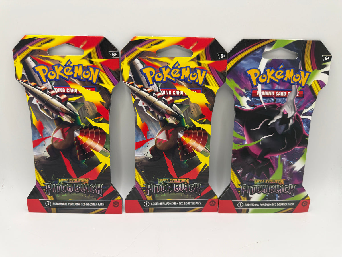 Front view of 3 Pokemon Mega Evolution Pitch Black booster packs