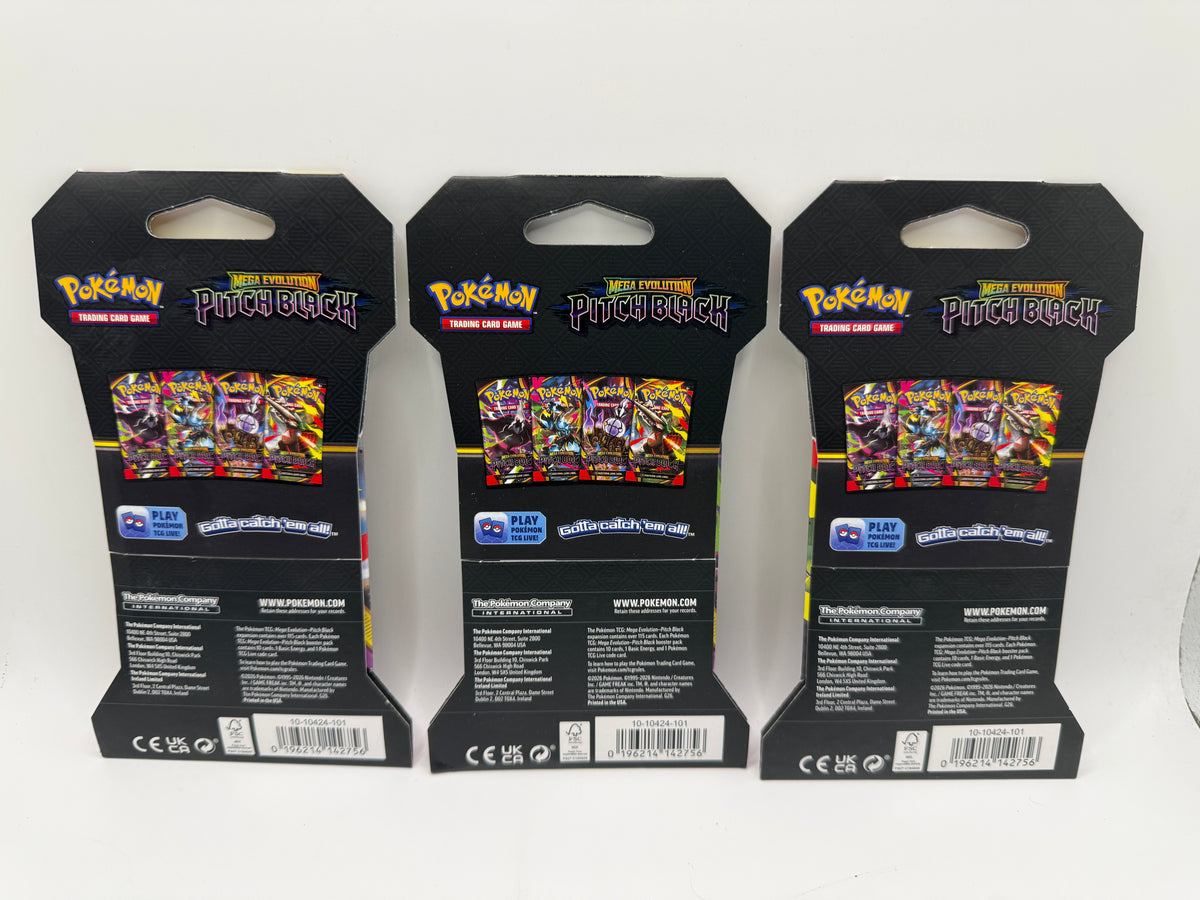 Back view of 3 Pokemon Mega Evolution Pitch Black booster packs showing product details
