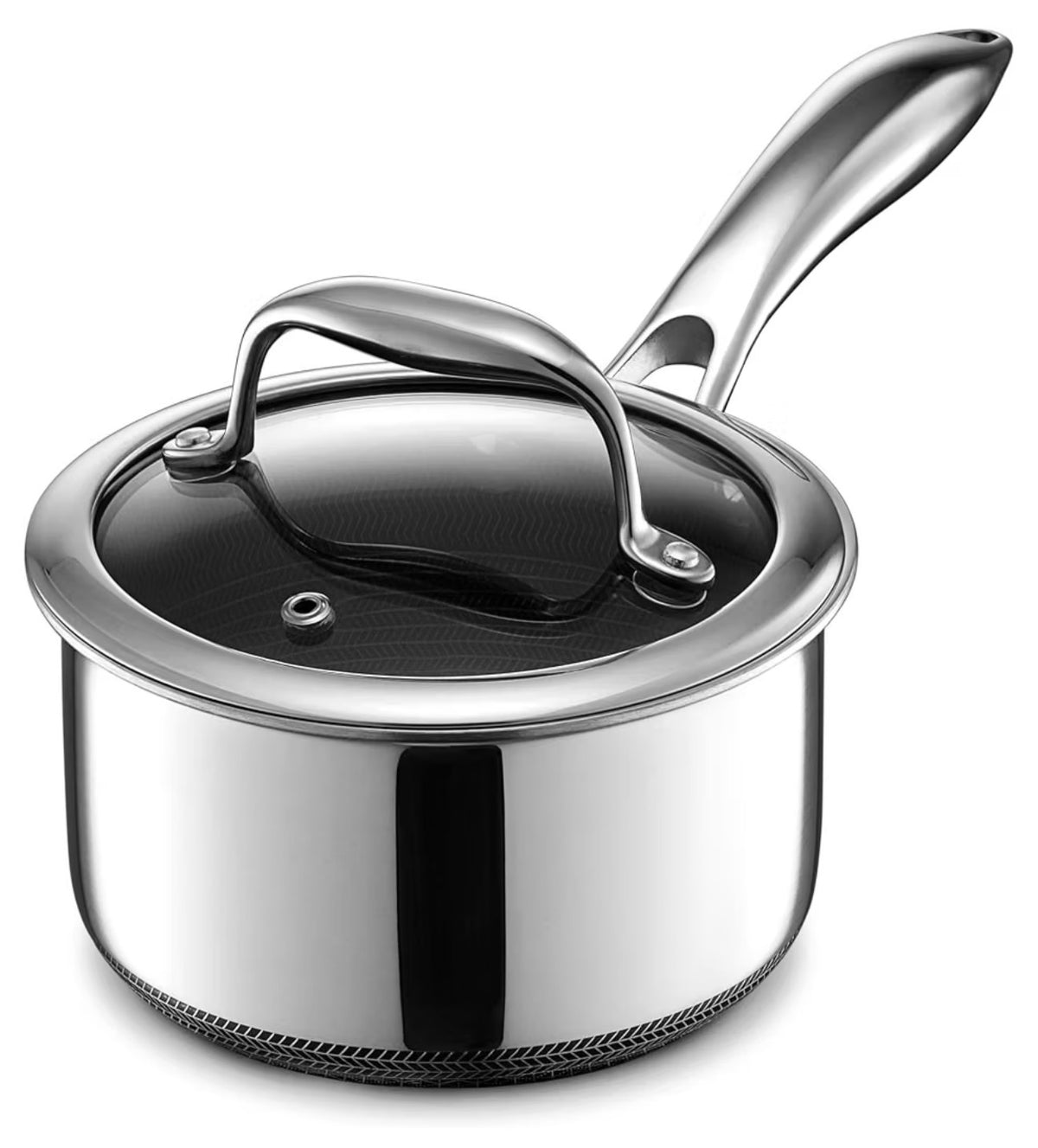Hexclad 1 quart stainless steel pot with lid on white background