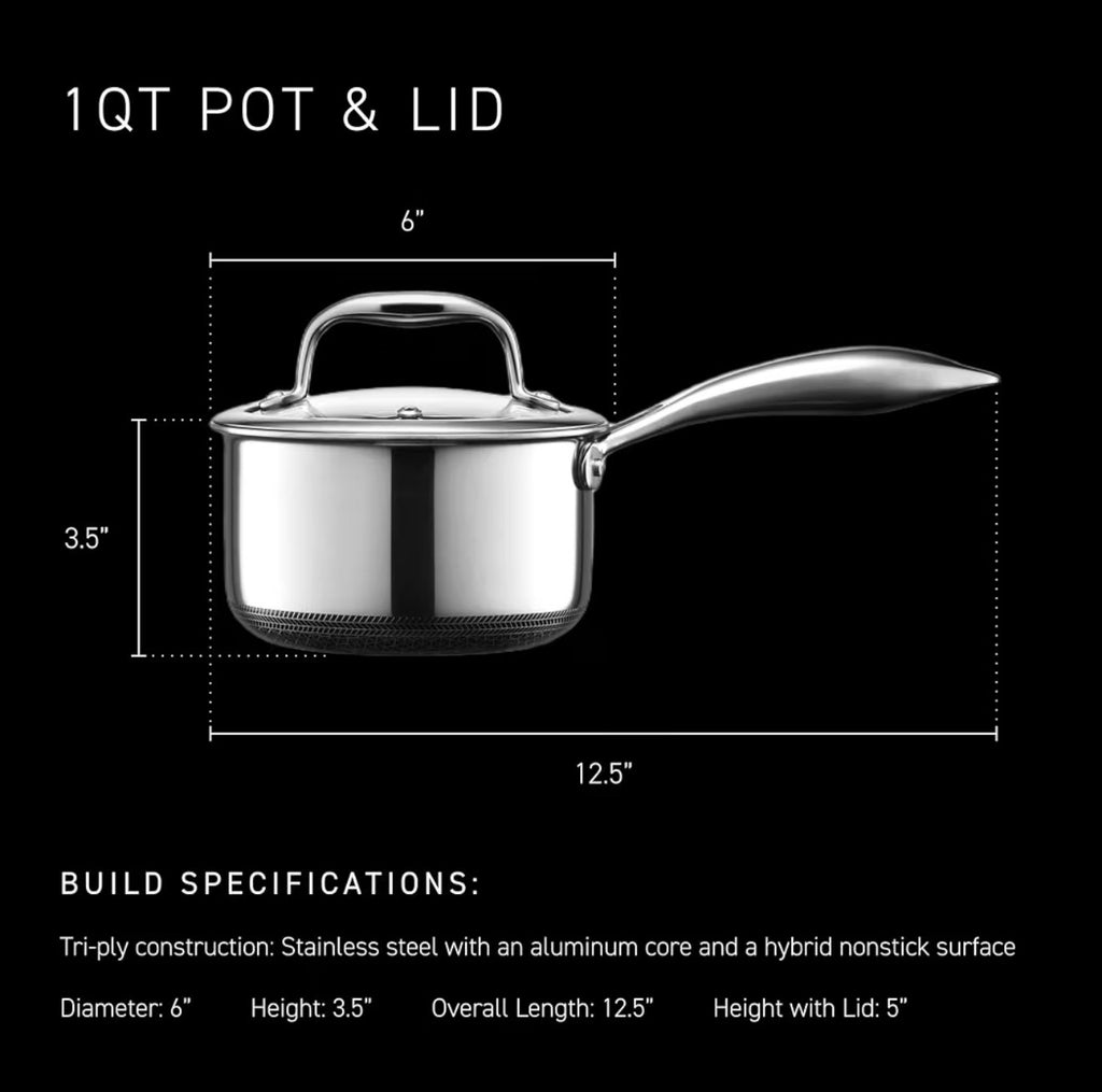 Dimensions chart of Hexclad 1 quart pot and lid showing size measurements