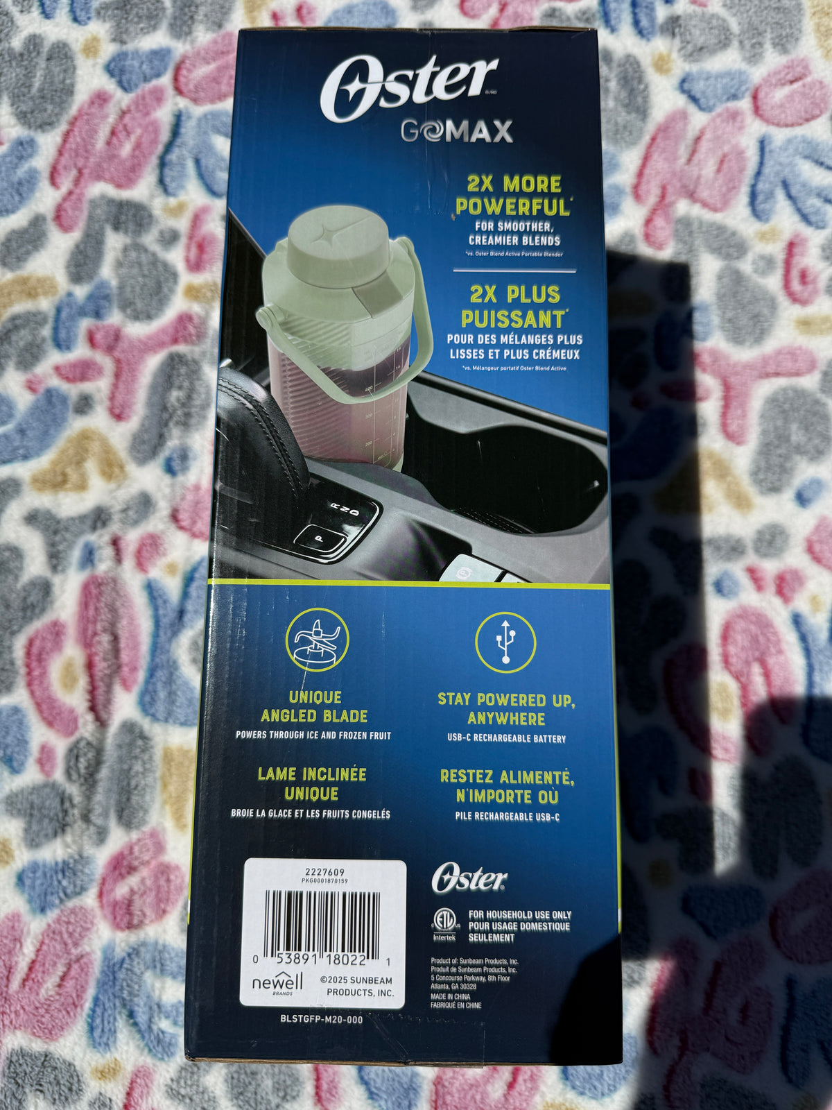 Oster GoMax Portable Blender box side with features in English