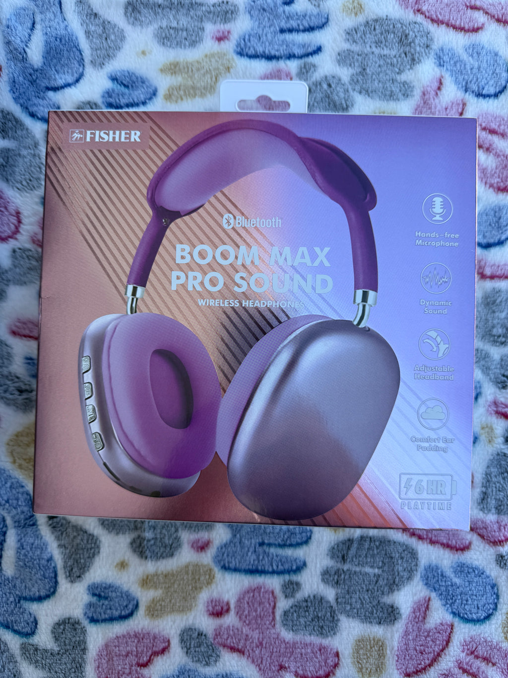 Fisher Boom Max Pro Sound wireless headphones purple side packaging with specifications