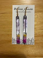 Hanachica handmade botanical resin earrings with purple, yellow and pink flowers