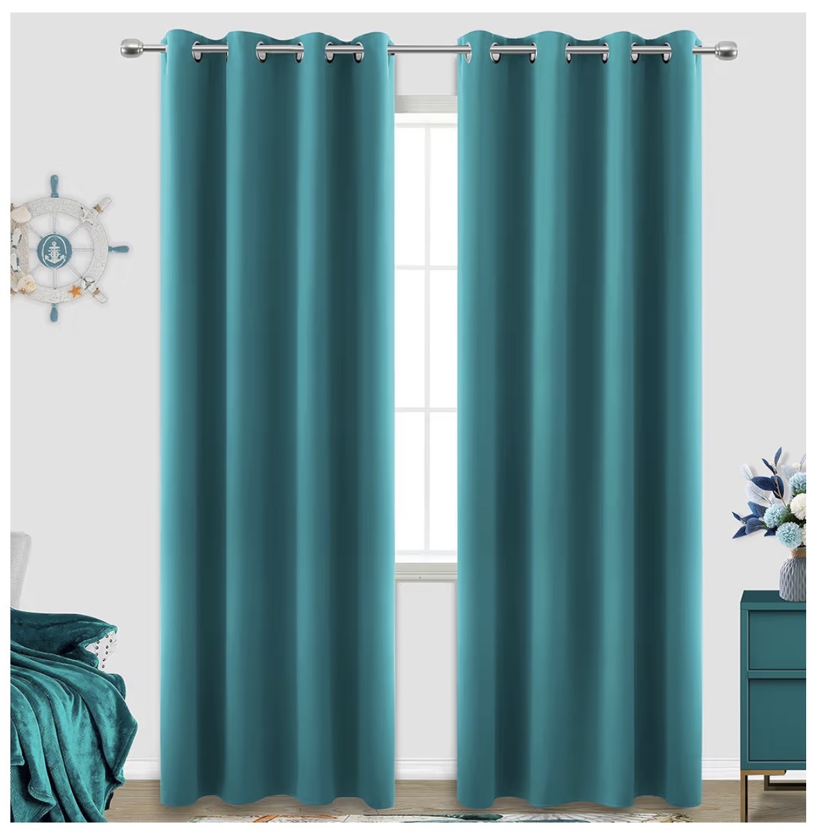 Koufall teal blackout curtain panels 84 inch hung on rod