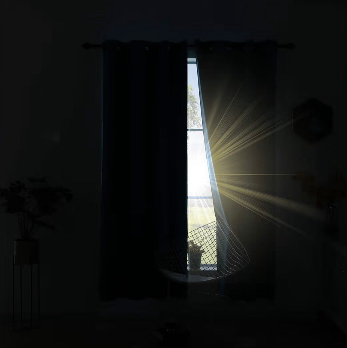 Light blocked by Koufall teal blackout curtains in dark room