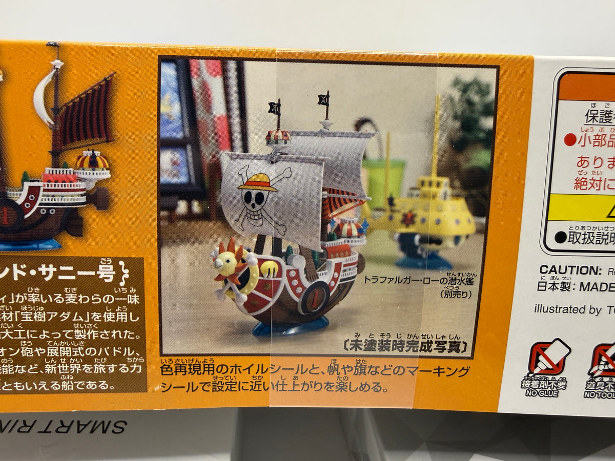 Detailed view of assembled Thousand Sunny ship model with display stand