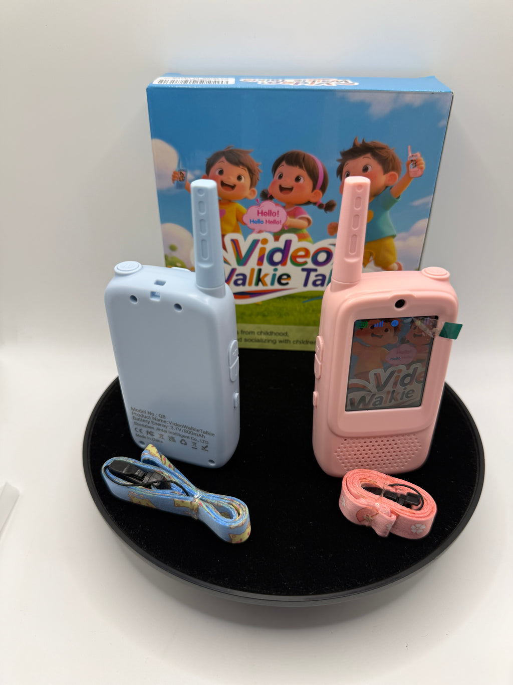 Blue and pink video walkie talkies with neck straps