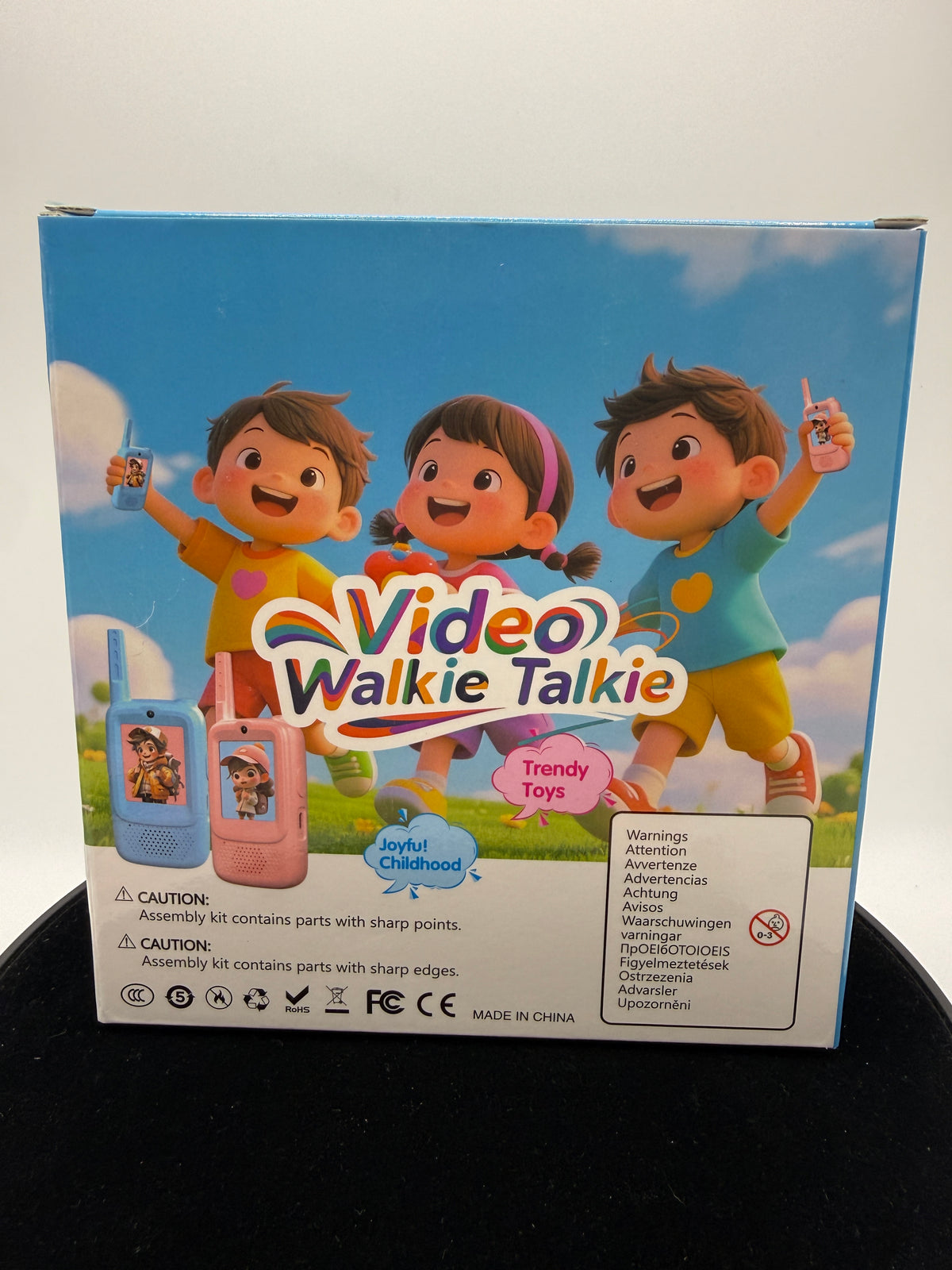 Kids Video Walkie Talkie Set box back with warnings