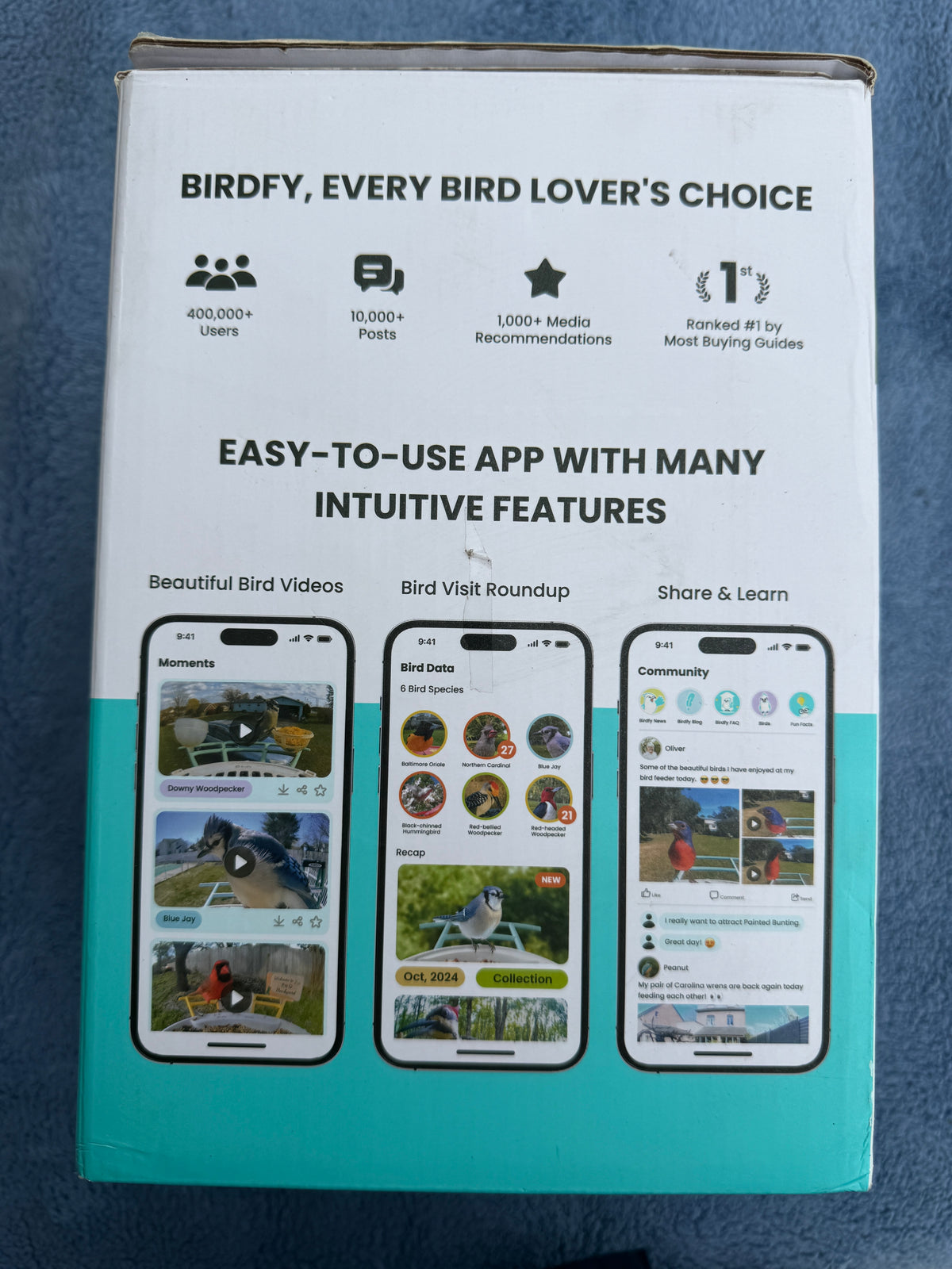 Birdfy packaging side showing app features